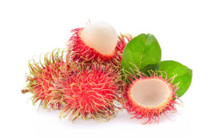 Rambutan Frucht und Blatt auf weissem Hintergrund