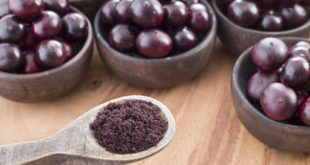 Acai Beeren und Acai Pulver in Löffel auf Holzunterlage