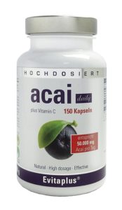 Acai Kapseln in Dose auf weissem Hintergrund